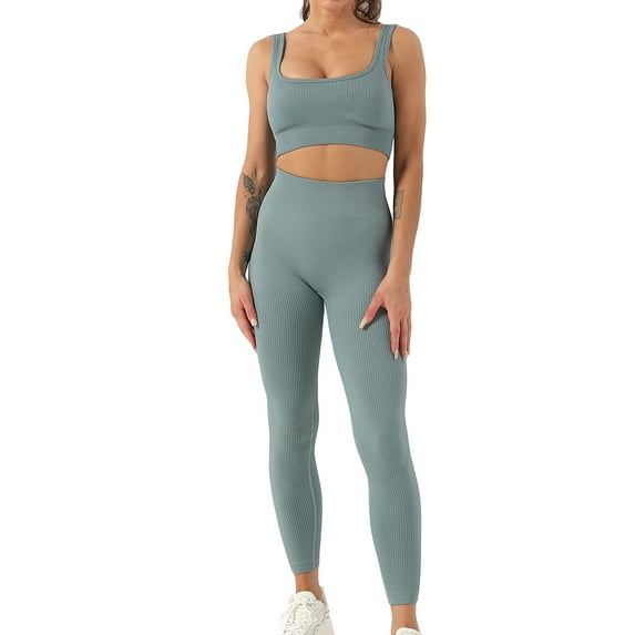 SWSMCLT Women's Outfits Crop Tank Top High Waisted Yoga 2 Piece Workout Set Leggings Activewear Athletic Workout Sporty 2Pcs Sexy Lounge Sets Blue Medium
