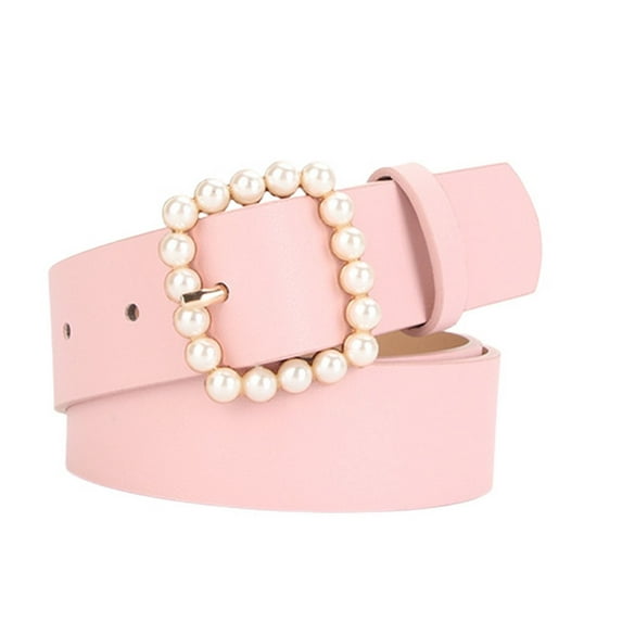 SWSMCLT Women's PU Belt For Dress Pearl Decor Faux Leather Jewelry Skinny Square Fashion Belt Slim Jeweled Pink One Size Fits US Size S-XL