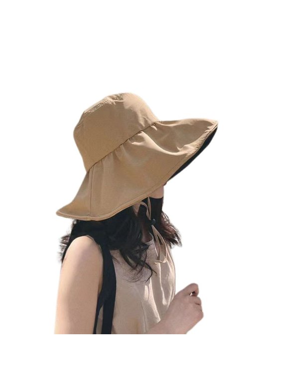 Women's Cotton Sun Hat UV Protection Wide Brim Sun Cap Foldable Summer Visor Pool Beach Hat Camp Vacation Travel Floppy Hats Khaki One Size