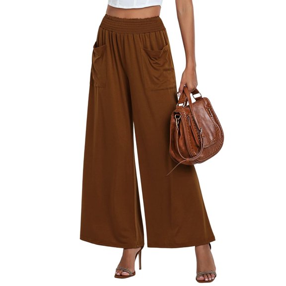 SWSMCLT Women's Palazzo Pants Baggy Lounge Ankle Spandex Pleated Thin Casual Pants Trousers Lightweight Brown 8