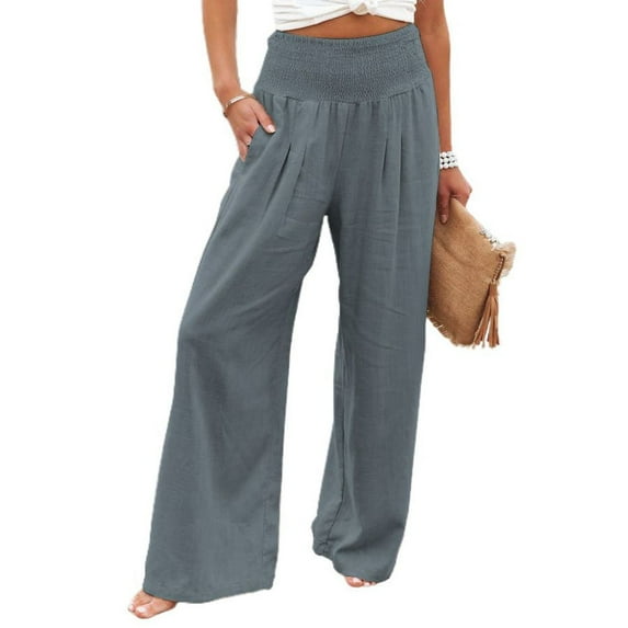 SWSMCLT Women's Palazzo Pants Spandex Trousers Pocket Casual Pants Casual Loose Fit Summer Wide Leg Pleated Grey XX-Large