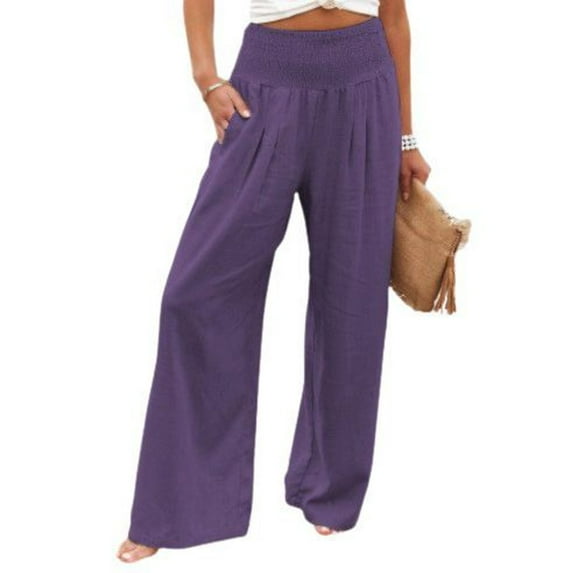 SWSMCLT Women's Palazzo Pants Spandex Trousers Pocket Casual Pants Casual Loose Fit Summer Wide Leg Pleated Purple 3X-Large