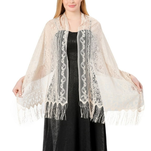 SWSMCLT Women's Pashmina Gypsy Cape Scarves Lightweight Summer Fashion Soft Fall Scarf Long Lace Fringe Cream One Size