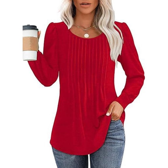 SWSMCLT Women's Peasant Blouse Long Sleeve Shirt Date Night Tunics Casual Fashion Scoop Neck Spandex Ruched Burgundy Small