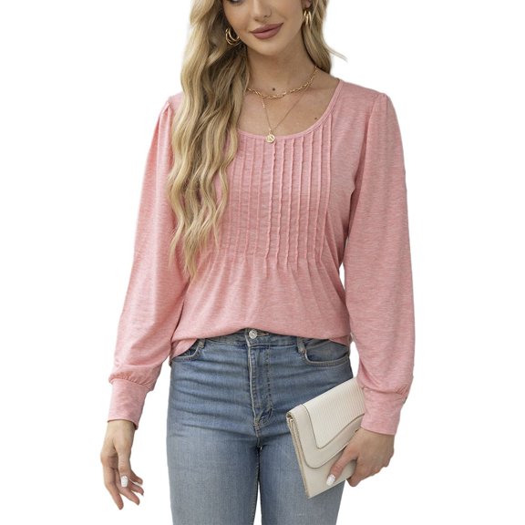 SWSMCLT Women's Peasant Blouse Long Sleeve Shirt Date Night Tunics Casual Fashion Scoop Neck Spandex Ruched Pink XX-Large