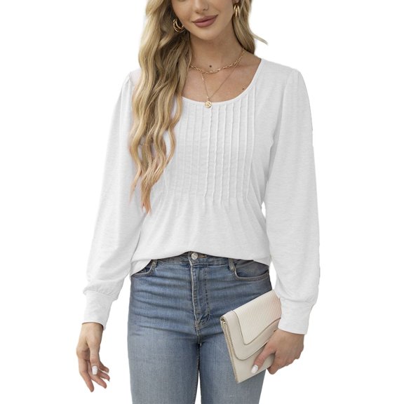 SWSMCLT Women's Peasant Blouse Long Sleeve Shirt Date Night Tunics Casual Fashion Scoop Neck Spandex Ruched White Small