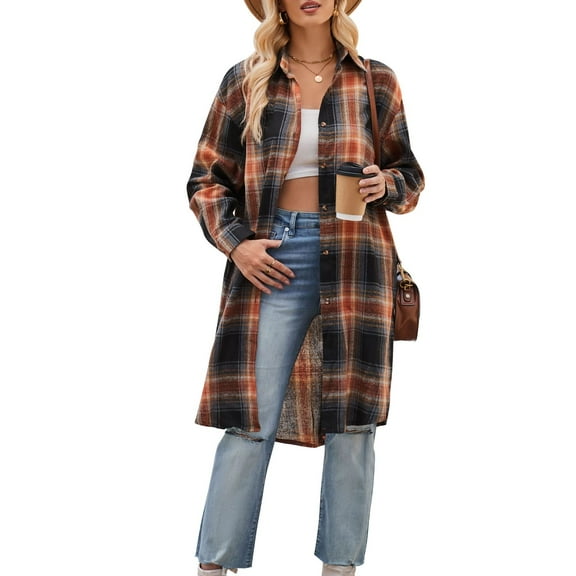 SWSMCLT Women's Plaid Printed Trench Coat Long Sleeve Button Down Shirt Soft Fall Button Casual Long Tops Split Spring Black XX-Large