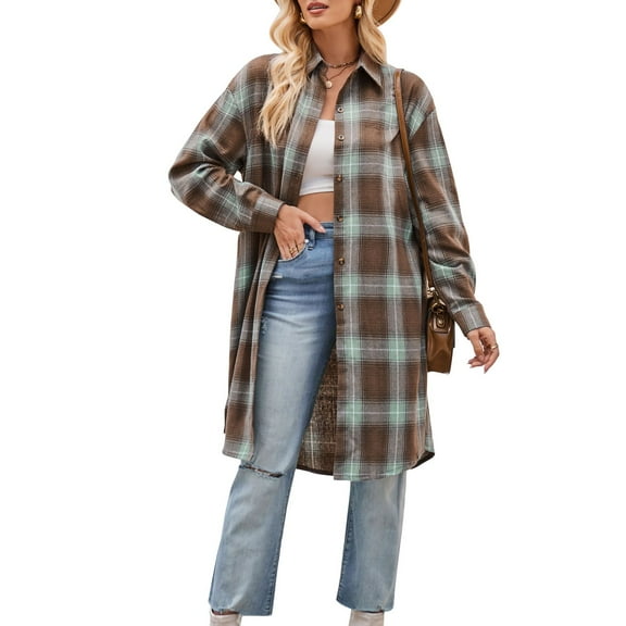 SWSMCLT Women's Plaid Printed Trench Coat Long Sleeve Button Down Shirt Soft Fall Button Casual Long Tops Split Spring Brown Large
