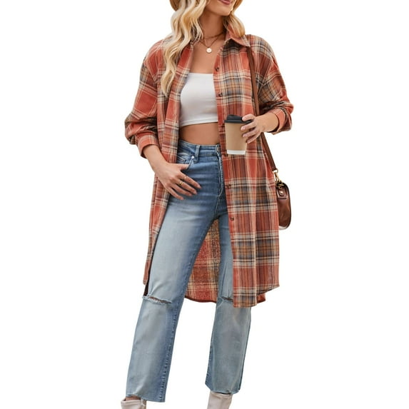 SWSMCLT Women's Plaid Printed Trench Coat Long Sleeve Button Down Shirt Soft Fall Button Casual Long Tops Split Spring Carame XX-Large