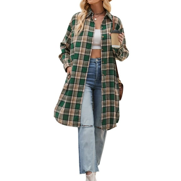 SWSMCLT Women's Plaid Printed Trench Coat Long Sleeve Button Down Shirt Soft Fall Button Casual Long Tops Split Spring Green XX-Large