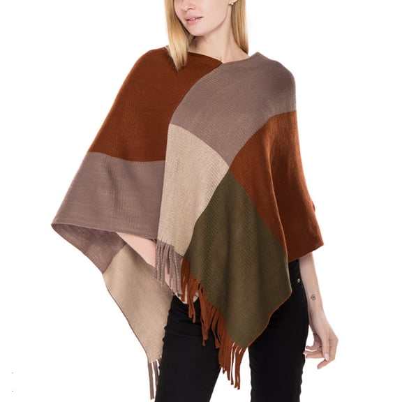 SWSMCLT Women's Plaid Sweater Poncho Casual Wrap Tassel Fringe Crochet Knit Ponchos and Wraps Soft Winter Warm Blanket Shawl Pashmina Cape Sweater Coffee One Size