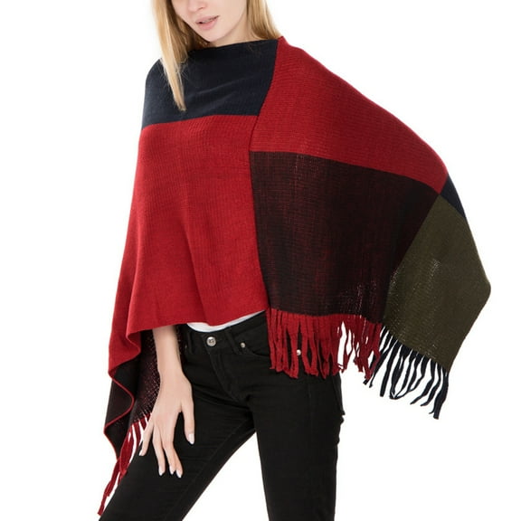 SWSMCLT Women's Plaid Sweater Poncho Casual Wrap Tassel Fringe Crochet Knit Ponchos and Wraps Soft Winter Warm Blanket Shawl Pashmina Cape Sweater Red One Size