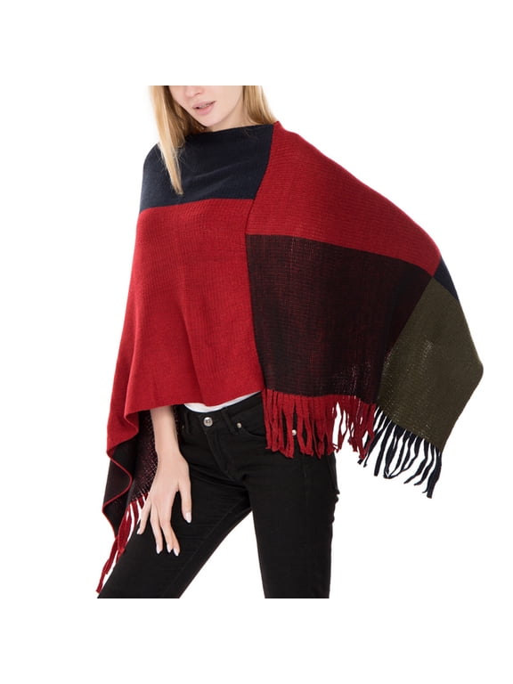 Women's Plaid Sweater Poncho Casual Wrap Tassel Fringe Crochet Knit Ponchos and Wraps Soft Winter Warm Blanket Shawl Pashmina Cape Sweater Red One Size