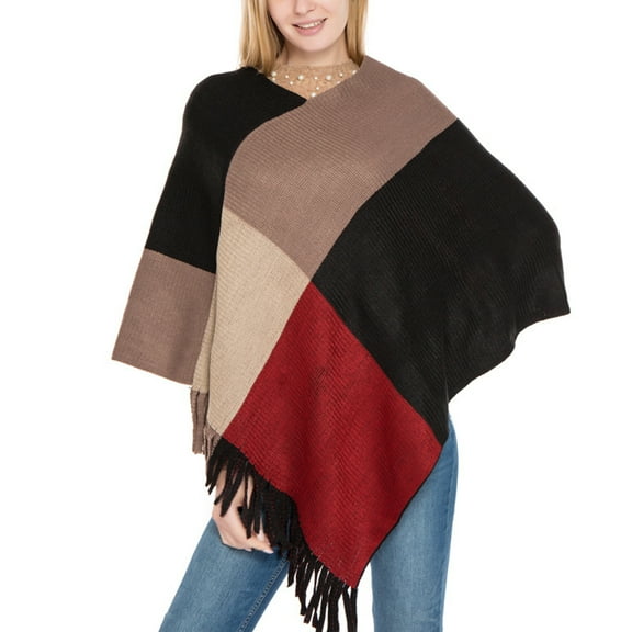 SWSMCLT Women's Plaid Sweater Poncho Casual Wrap Tassel Fringe Crochet Knit Ponchos and Wraps Soft Winter Warm Blanket Shawl Pashmina Cape Sweater Rouge Noir One Size
