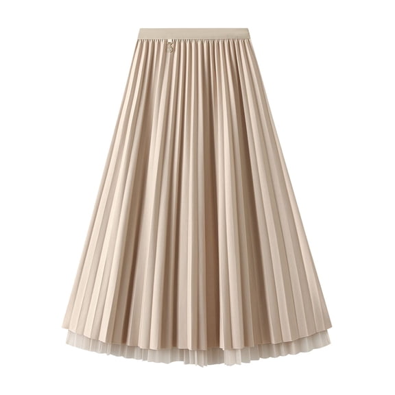 SWSMCLT Women's Pleated Calf Tea Length Long Skirt Tulle Tutu Midi Skirts Pleated 2 Layered Apricot One Size
