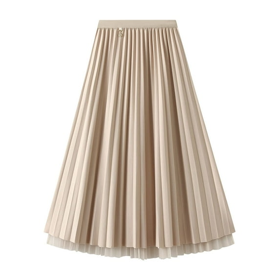 SWSMCLT Women's Pleated Calf Tea Length Long Skirt Tulle Tutu Midi Skirts Pleated 2 Layered Apricot One Size