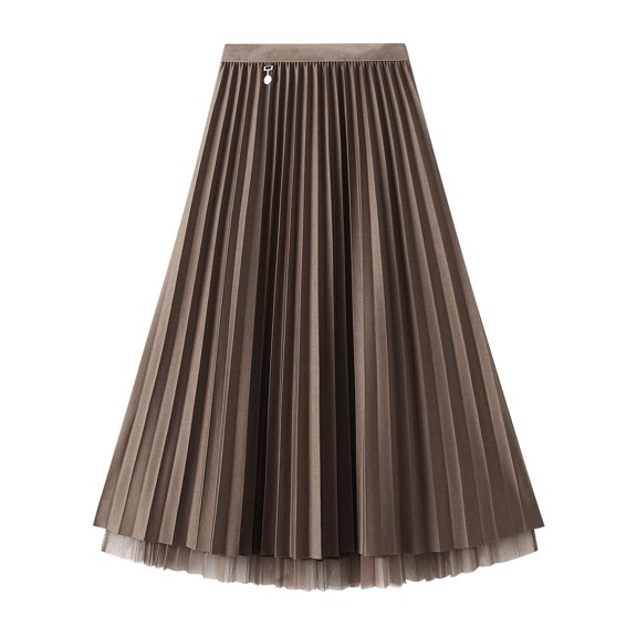 SWSMCLT Women's Pleated Calf Tea Length Long Skirt Tulle Tutu Midi Skirts Pleated 2 Layered Coffee One Size
