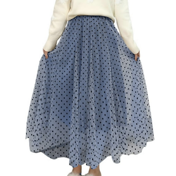 SWSMCLT Women's Pleated Long Skirt Casual Chiffon Polka Dot Mesh High Waisted Elastic Waist Calf Length Flowy A-Line Tulle Skirts Swing Layered Overlay Grey One Size