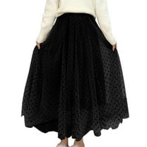 SWSMCLT Women's Pleated Long Skirt Casual Chiffon Polka Dot Mesh High Waisted Elastic Waist Calf Length Flowy A-Line Tulle Skirts Swing Layered Overlay Black One Size