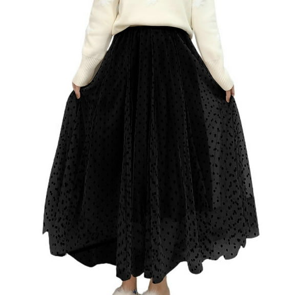 SWSMCLT Women's Pleated Long Skirt Casual Chiffon Polka Dot Mesh High Waisted Elastic Waist Calf Length Flowy A-Line Tulle Skirts Swing Layered Overlay Black One Size
