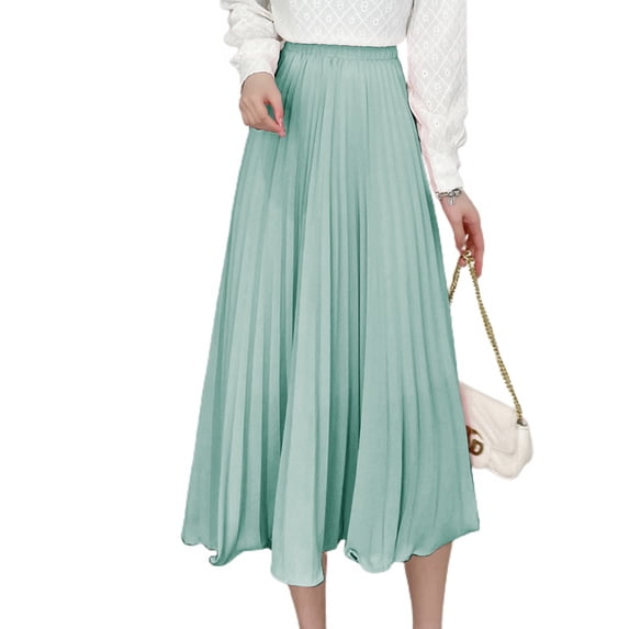 SWSMCLT Women's Pleated Skirt Chiffon Swing Elastic Smocked Shirred Waist Long A Line Tulle Skirts High Waisted Flowy Light Green One Size