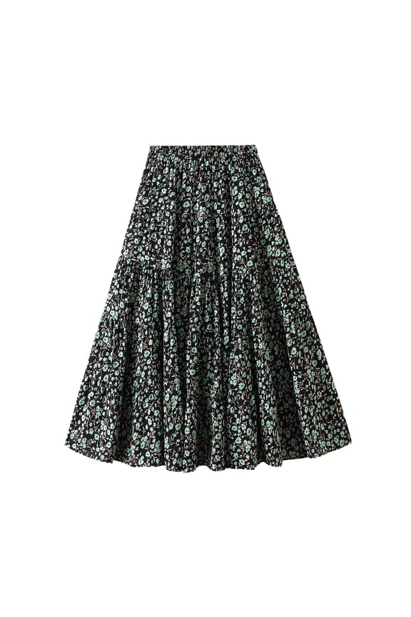 Women's Pleated Skirt Cute LongA Line Calf Length Elastic Waist Peasant Ruffle Casual Fashion Spandex Green Small-Large