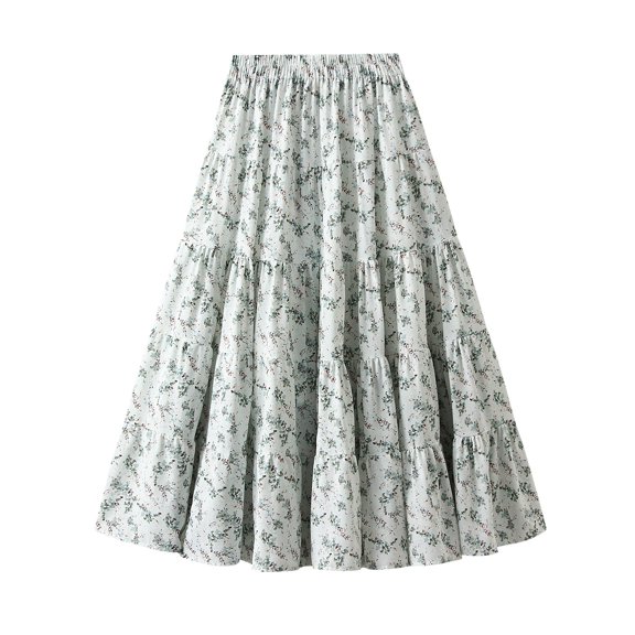 SWSMCLT Women's Pleated Skirt Cute LongA Line Calf Length Elastic Waist Peasant Ruffle Casual Fashion Spandex White Flower Small-Large