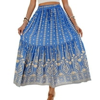 SWSMCLT Women's Pleated Skirt Gypsy Aline High Waisted Elastic Rayon Fashion Beach Stretch Elastic Waist Blue 4-6