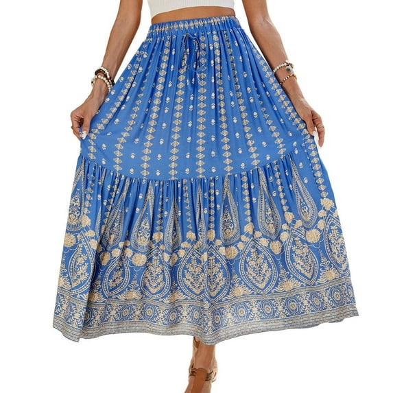 SWSMCLT Women's Pleated Skirt Gypsy Aline High Waisted Elastic Rayon Fashion Beach Stretch Elastic Waist Blue 4-6