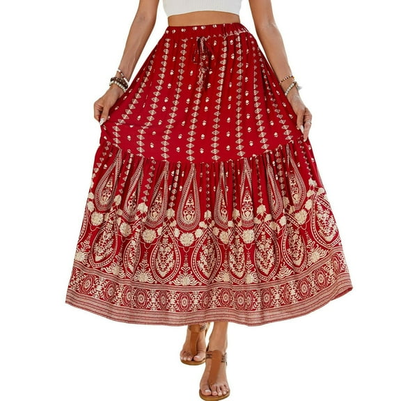 SWSMCLT Women's Pleated Skirt Gypsy Aline High Waisted Elastic Rayon Fashion Beach Stretch Elastic Waist Burgundy 8