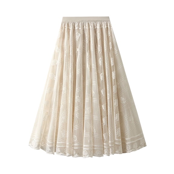 SWSMCLT Women's Pleated Skirt Lace Tulle Summer Mid Rise Skirt A Line Fitted Casual Elastic Waist Calf Length Apricot Small-Large