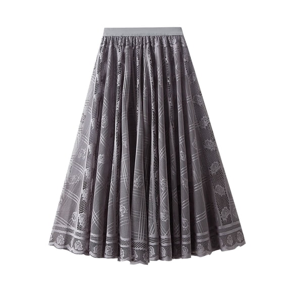SWSMCLT Women's Pleated Skirt Lace Tulle Summer Mid Rise Skirt A Line Fitted Casual Elastic Waist Calf Length Grey Small-Large