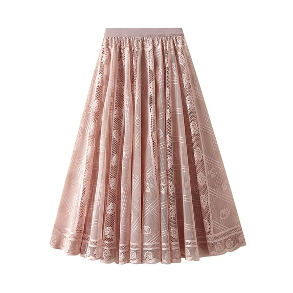 SWSMCLT Women's Pleated Skirt Lace Tulle Summer Mid Rise Skirt A Line Fitted Casual Elastic Waist Calf Length Pink Small-Large