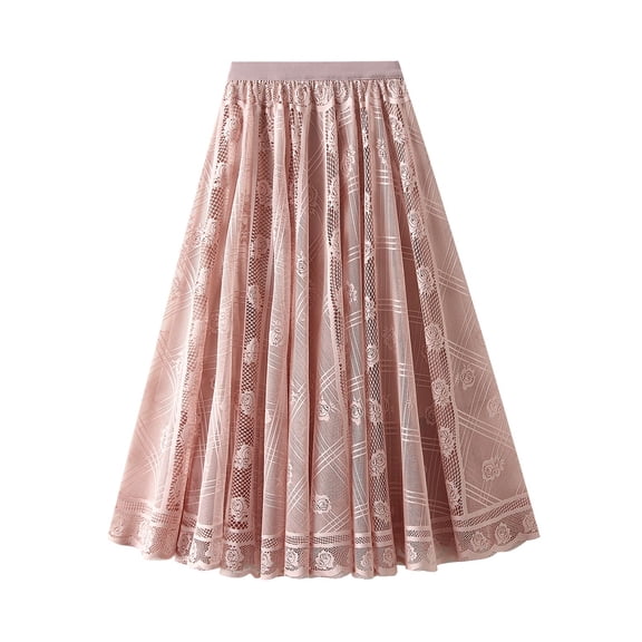 SWSMCLT Women's Pleated Skirt Lace Tulle Summer Mid Rise Skirt A Line Fitted Casual Elastic Waist Calf Length Pink Small-Large