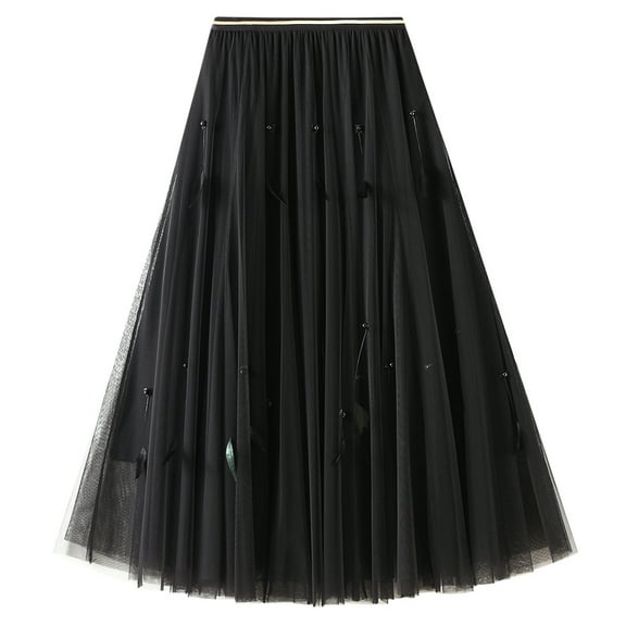 SWSMCLT Women's Pleated Tulle Skirt Soft Chiffon Mesh Feather Beaded High Waisted Elastic Waist Calf Length Fall Flowy Swing Layered Overlay Long Tutu Skirts Spring Summer A-Line Black One Size