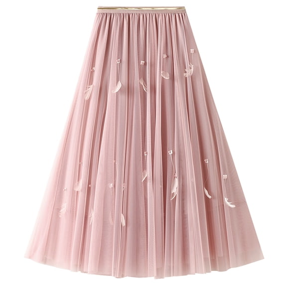 SWSMCLT Women's Pleated Tulle Skirt Soft Chiffon Mesh Feather Beaded High Waisted Elastic Waist Calf Length Fall Flowy Swing Layered Overlay Long Tutu Skirts Spring Summer A-Line Pink One Size