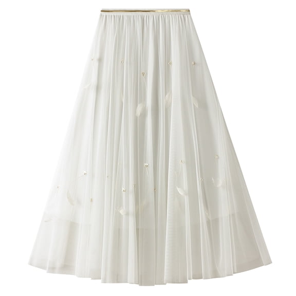 SWSMCLT Women's Pleated Tulle Skirt Soft Chiffon Mesh Feather Beaded High Waisted Elastic Waist Calf Length Fall Flowy Swing Layered Overlay Long Tutu Skirts Spring Summer A-Line White One Size