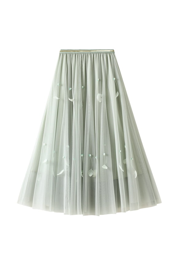 Women's Pleated Tulle Skirt Soft Chiffon Mesh Feather Beaded High Waisted Elastic Waist Calf Length Fall Flowy Swing Layered Overlay Long Tutu Skirts Spring Summer A-Line Green One Size