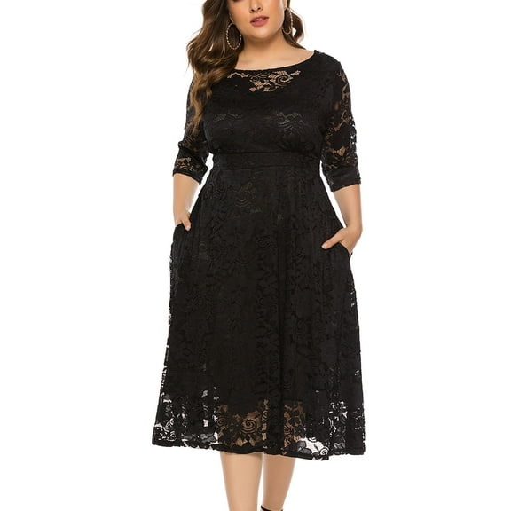 SWSMCLT Women's Plus Size Dress Summer Party High Waist 3/4 Sleeve Fashion Cocktail Sundress Semi Formal Dresses Black Medium