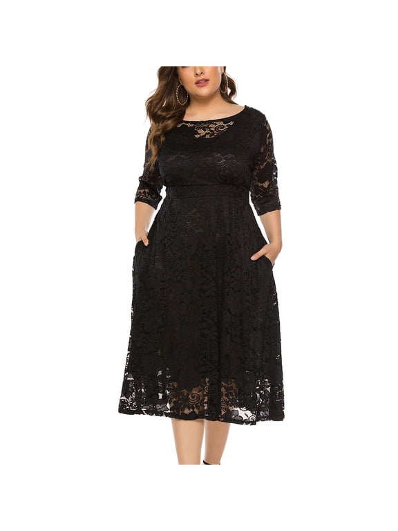 Women's Plus Size Dress Summer Party High Waist 3/4 Sleeve Fashion Cocktail Sundress Semi Formal Dresses Black Medium