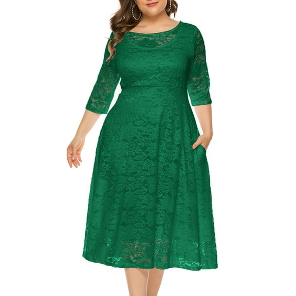 SWSMCLT Women's Plus Size Dress Summer Party High Waist 3/4 Sleeve Fashion Cocktail Sundress Semi Formal Dresses Green 3X-Large