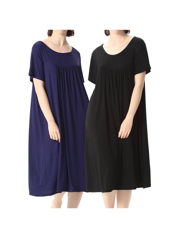 Women's Plus Size Nightgown 2 Pack Cotton Loungewear Sleepshirt Lounge Dress Midi Basic Baggy Night Dress Black XX-Large