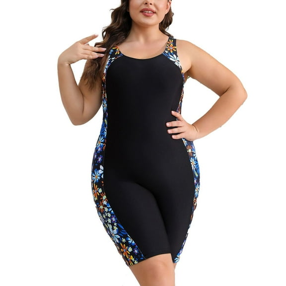 SWSMCLT Women's Plus Size One Piece Rash Guard Swimsuit Swimming Scuba Rashguard Modest Swimwear Floral Printed Sleeveless Bathing Suit Padded Low Back Boyleg Shorts Surfing Lap Yellow 16