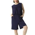 thumbnail image 1 of SWSMCLT Women's Plus Size Pajama Set Bunched Sleeveless Lounge Cool Elastic 2 Piece Shorts Crew Neck Cotton Nightwear Navy Large, 1 of 5