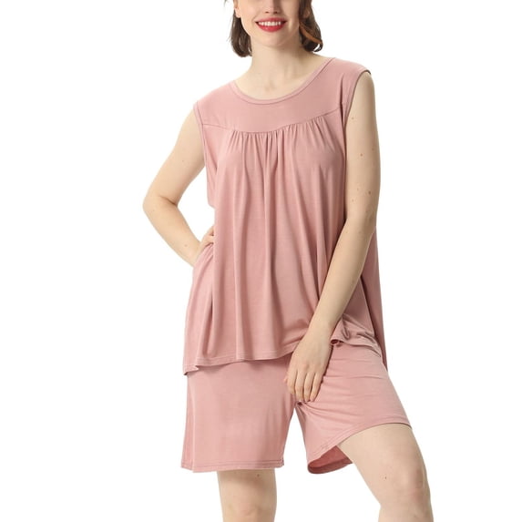 SWSMCLT Women's Plus Size Pajama Set Bunched Sleeveless Lounge Cool Elastic 2 Piece Shorts Crew Neck Cotton Nightwear Pink 3X-Large