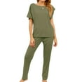 thumbnail image 1 of SWSMCLT Women's Plus Size Pajama Set Cotton Short Sleeve Oversized Loose Fit Summer Pjs Long Pants Lounge Set Comfy Solid Bateau Neck Thin Spring Army Green 3X-Large, 1 of 1