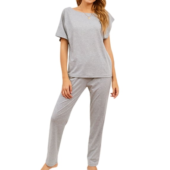 SWSMCLT Women's Plus Size Pajama Set Cotton Short Sleeve Oversized Loose Fit Summer Pjs Long Pants Lounge Set Comfy Solid Bateau Neck Thin Spring Grey Large