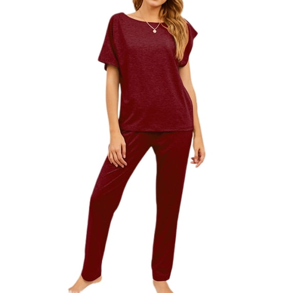 SWSMCLT Women's Plus Size Pajama Set Cotton Short Sleeve Oversized Loose Fit Summer Pjs Long Pants Lounge Set Comfy Solid Bateau Neck Thin Spring Red Medium