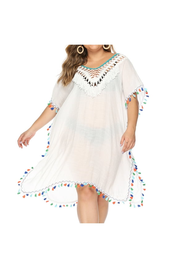 Women's Plus Size Swim Cover Up Dress Tassel Crochet Swimsuit Bikini Coverup Backless Hollow Out swimwear Slit Asymmetric Hem Side Split Bathing Suit Tie Open Back White 3X-Large