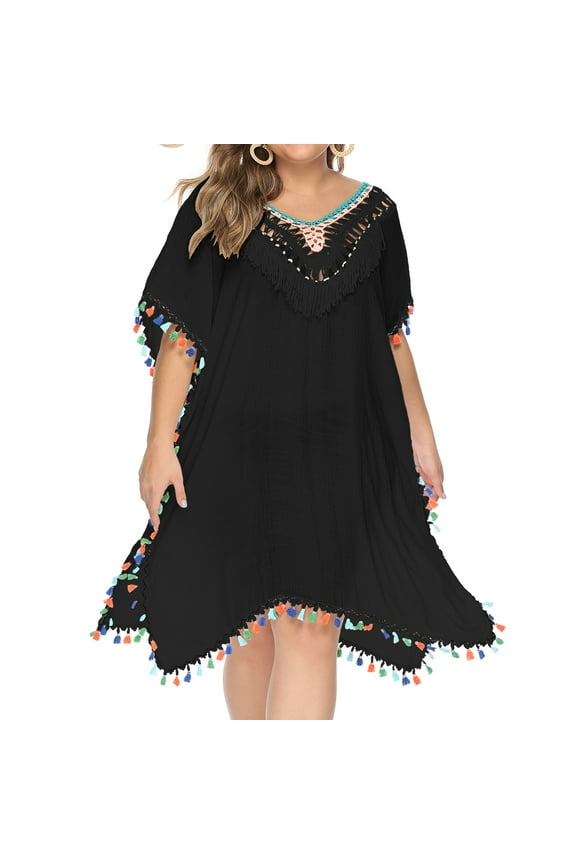 Women's Plus Size Swim Cover Up Dress Tassel Crochet Swimsuit Bikini Coverup Backless Hollow Out swimwear Slit Asymmetric Hem Side Split Bathing Suit Tie Open Back Black XX-Large
